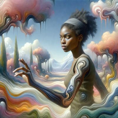 The primary subject of the image is a woman with a unique appearance, featuring a mix of colors and patterns on her skin. She is standing in front of a backdrop of trees and a mountain, which adds to the overall atmosphere of the scene. The visual style of the image is a combination of digital art and illustration, creating a vibrant and artistic representation of the woman. The colors and mood of the image are lively and energetic, with a focus on the woman's striking appearance and the natural elements in